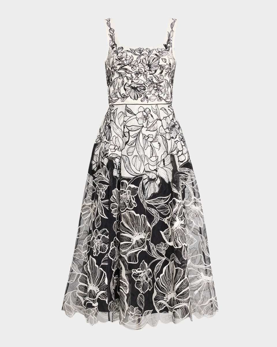 Sleeveless Floral-Embroidered Midi Dress